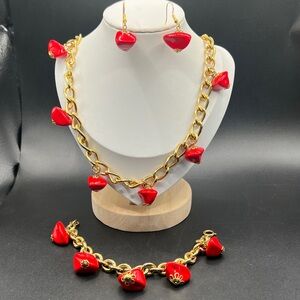 Vintage Gold Necklace with Red Lucite Accents